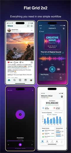 Flat Grid 2x2 App Store screenshot template with four app screens arranged in a grid.
