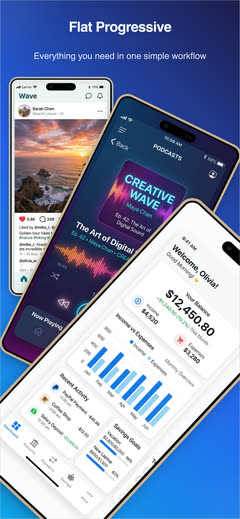Flat Progressive App Store screenshot template with a staggered sequence of app screens on a purple gradient.