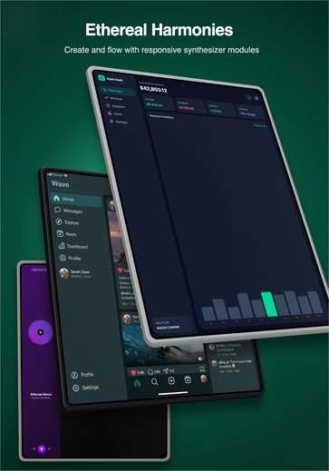 3D Overlap Stack iPad screenshot template with overlapping angled iPad mockups on a green gradient.