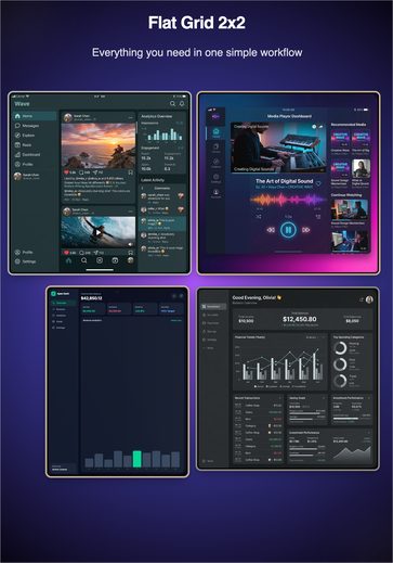 Flat Grid 2x2 iPad screenshot template with four iPad app screens arranged in a grid.