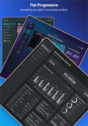 Flat Progressive iPad screenshot template with a staggered sequence of iPad screens on a purple gradient.