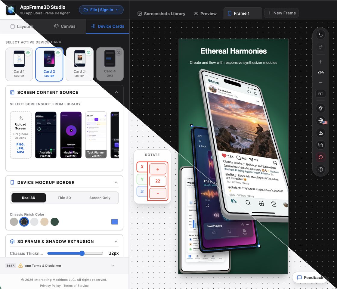 The AppFrame3D studio editor: a device cards panel on the left with screen content and 3D frame settings, an X/Y/Z rotate control, and the App Store screenshot being composed on the canvas — shown split along a diagonal, dark theme above the seam and light theme below.