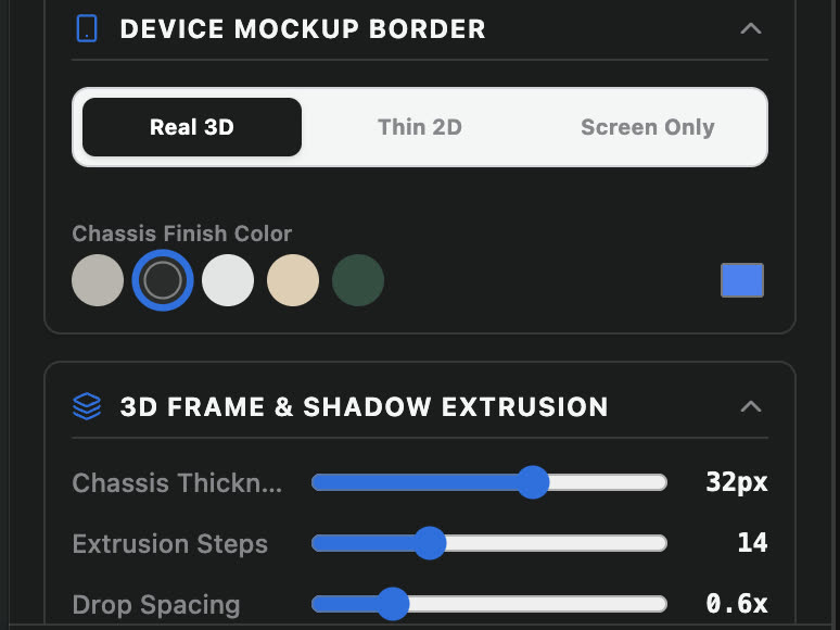 Device mockup border controls set to Real 3D, with chassis finish colours and 3D frame and shadow extrusion sliders for chassis thickness, extrusion steps and drop spacing.