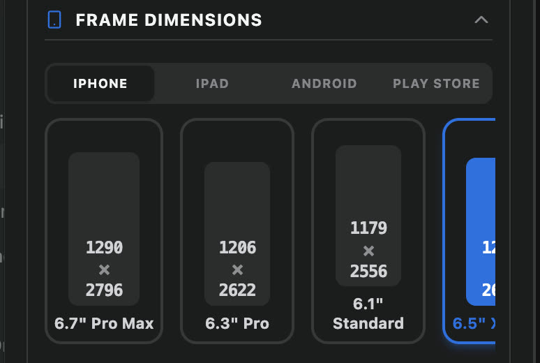 Frame dimensions panel with iPhone, iPad, Android and Play Store tabs, showing canvas presets of 1290 by 2796, 1206 by 2622 and 1179 by 2556.