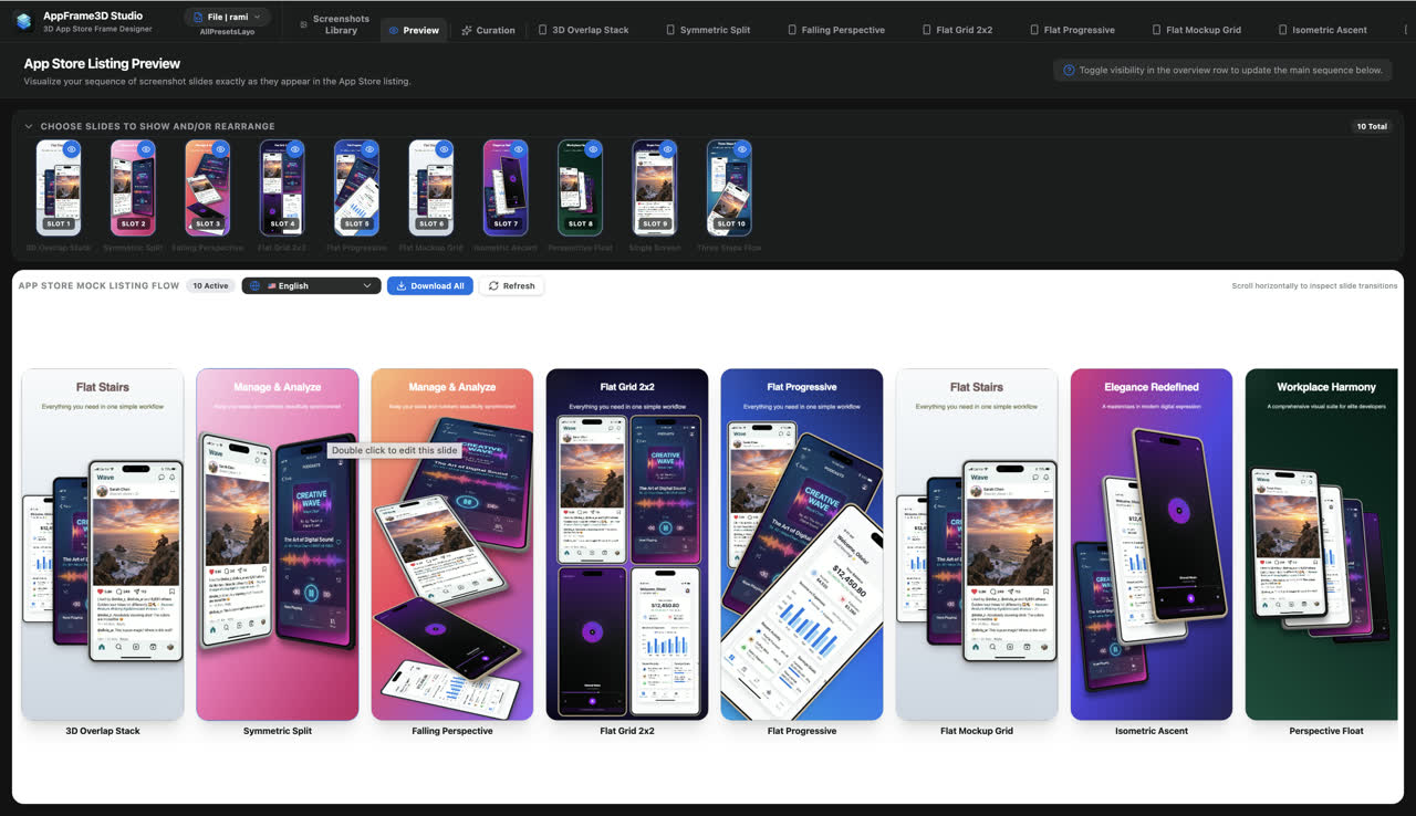 App Store listing preview showing ten screenshot slides in order as they appear in the store, with a locale selector and a Download All button.