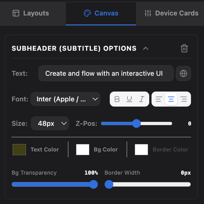 The subheader options panel in the studio, with the caption "Create and flow with an interactive UI" typed into the text field and a globe button beside it.